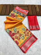 Soft Linen Cotton Saree with Batik Digital Prints & Silver Zari Border