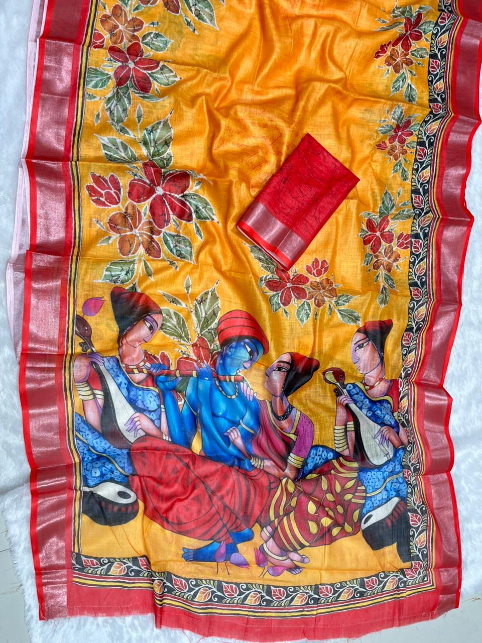 Soft Linen Cotton Saree with Batik Digital Prints & Silver Zari Border