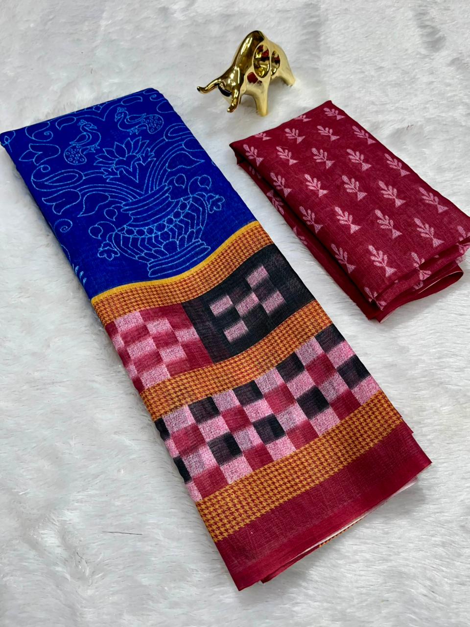 Royal Blue Soft Linen Cotton Saree with Double Ikkat Digital Prints