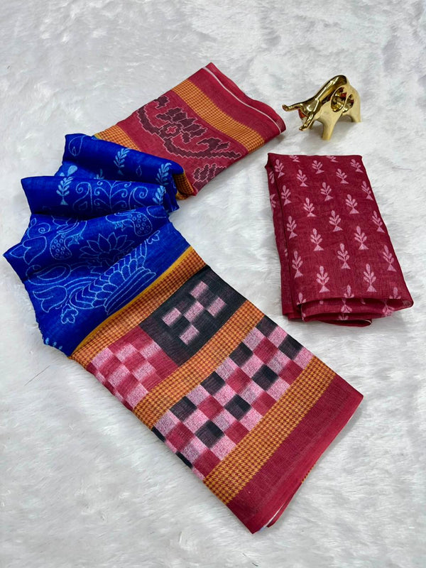 Royal Blue Soft Linen Cotton Saree with Double Ikkat Digital Prints