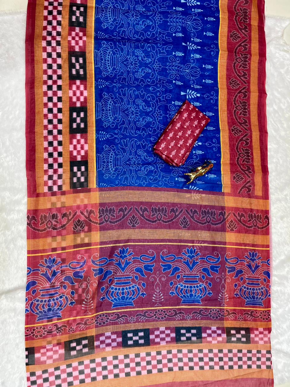 Royal Blue Soft Linen Cotton Saree with Double Ikkat Digital Prints