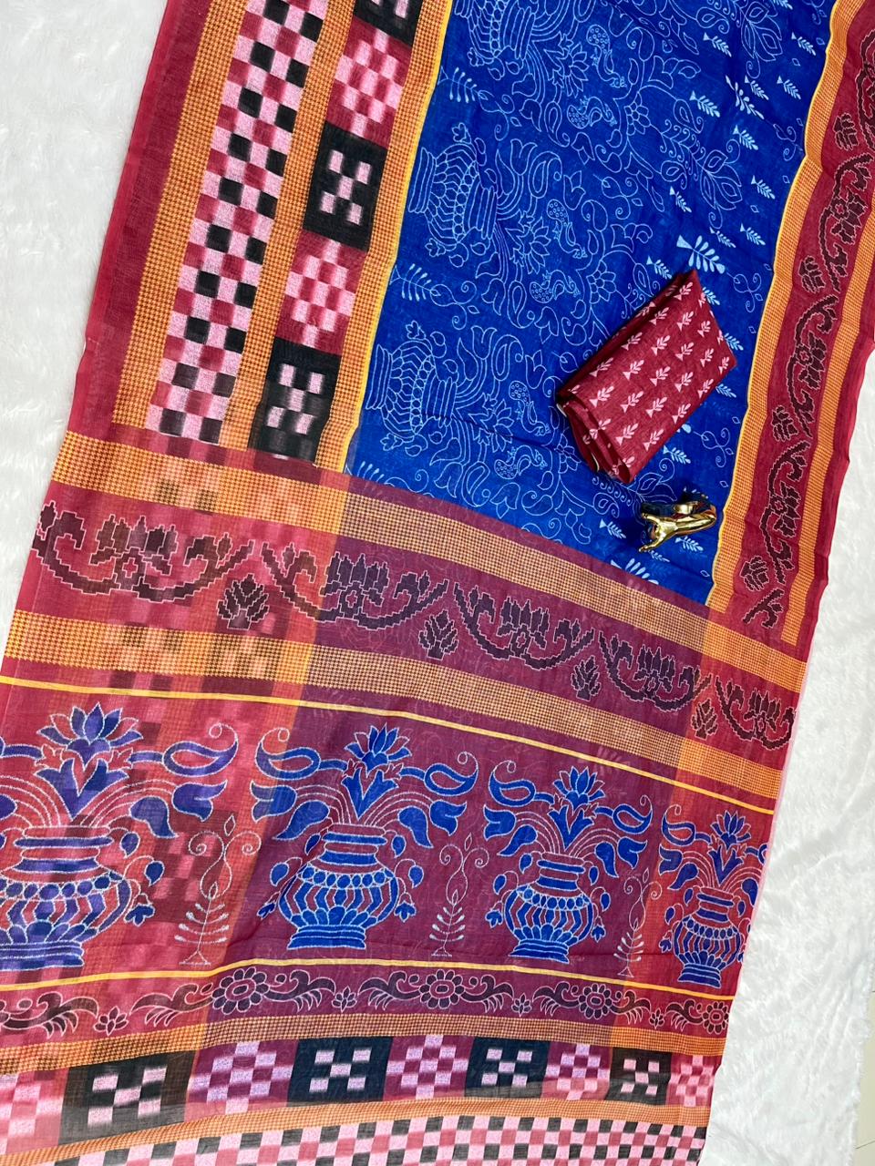 Royal Blue Soft Linen Cotton Saree with Double Ikkat Digital Prints