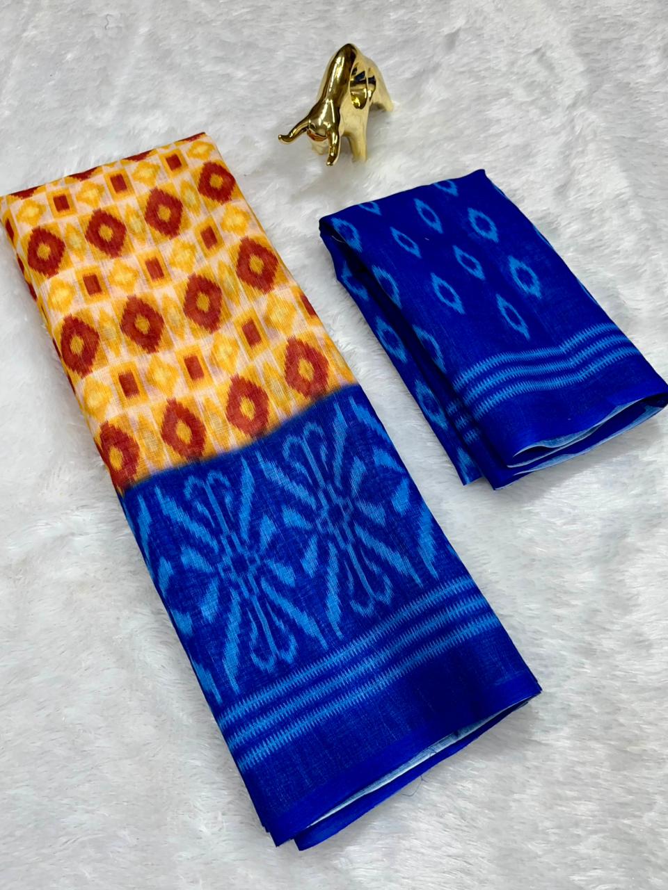 Mustard Soft Linen Cotton Saree with Double Ikkat Digital Prints