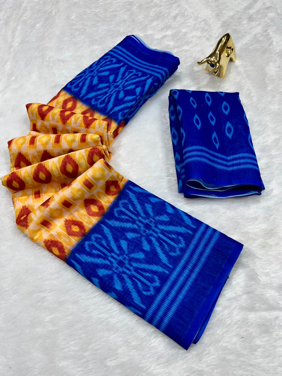 Mustard Soft Linen Cotton Saree with Double Ikkat Digital Prints