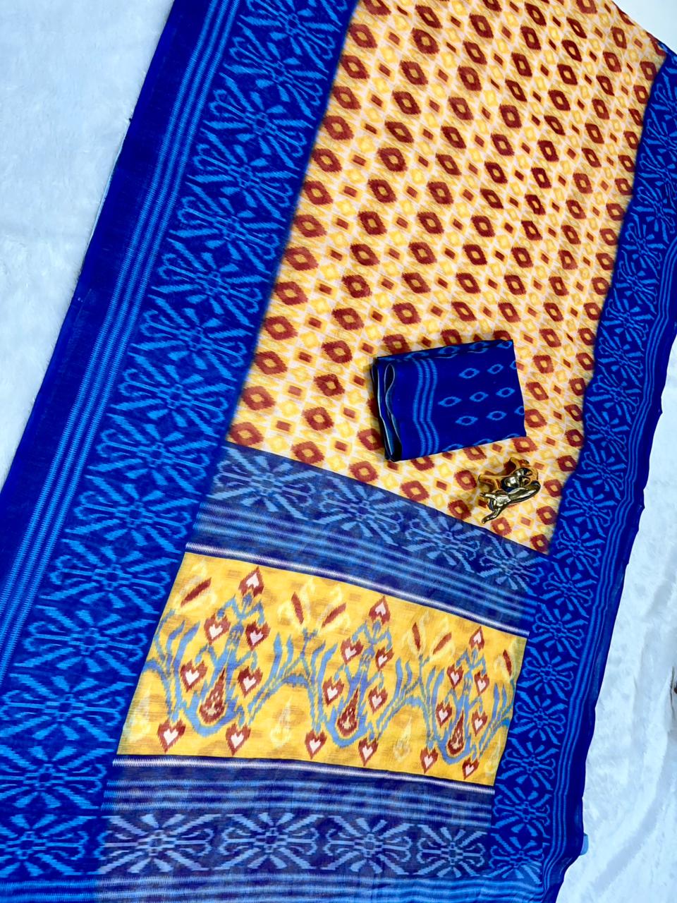 Mustard Soft Linen Cotton Saree with Double Ikkat Digital Prints