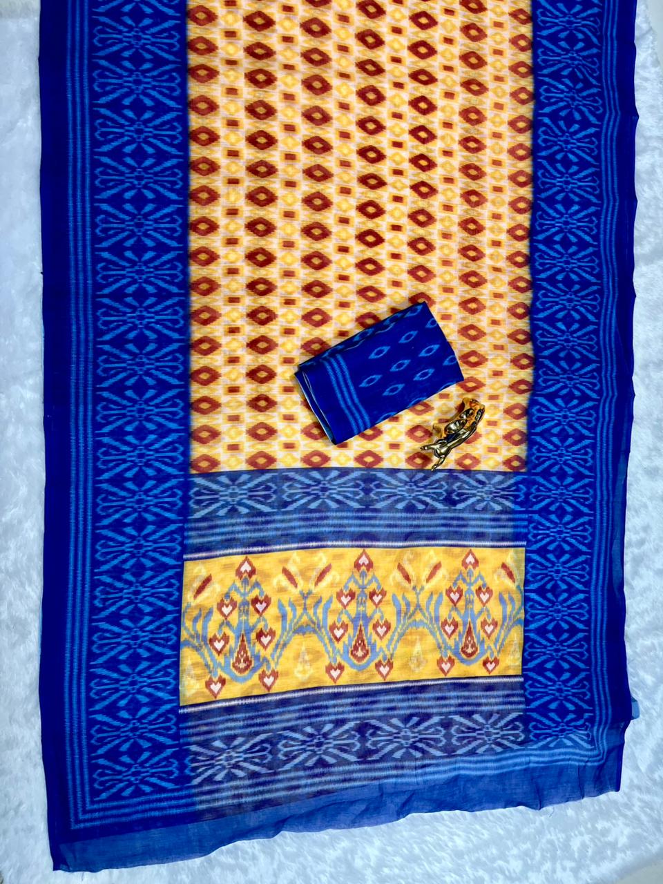 Mustard Soft Linen Cotton Saree with Double Ikkat Digital Prints