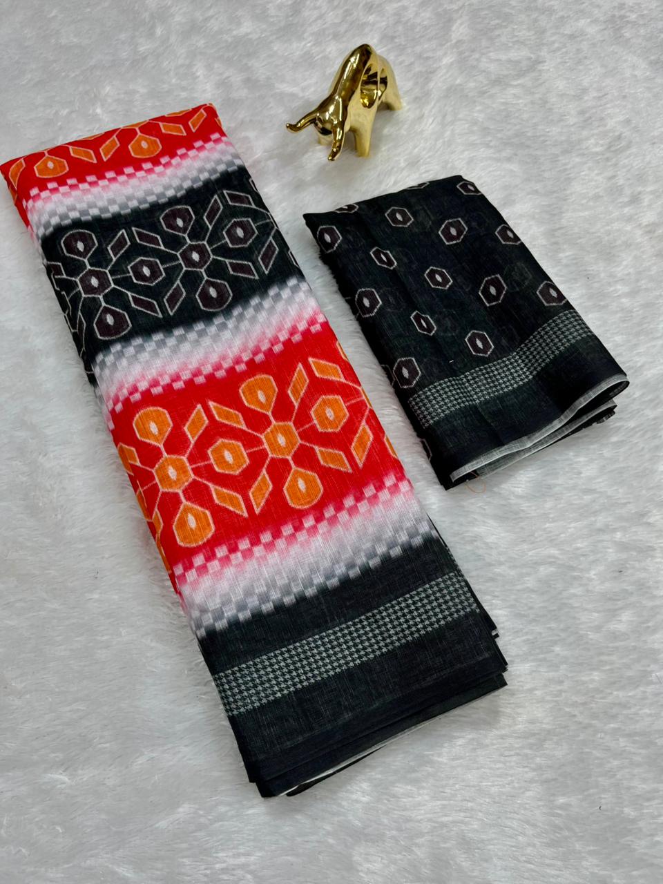 Black Soft Linen Cotton Saree with Double Ikkat Digital Prints