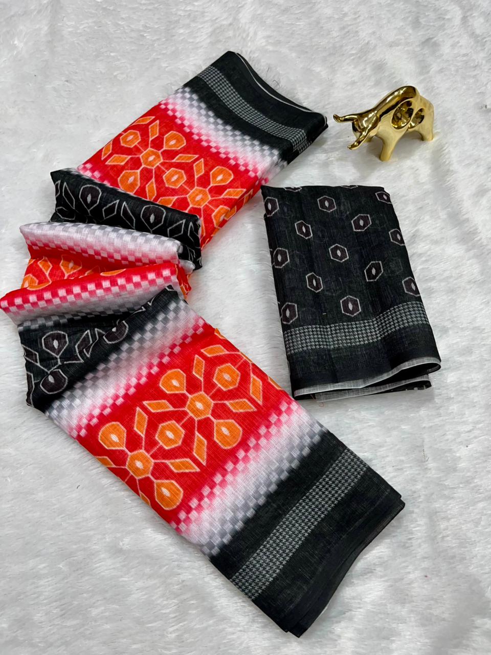 Black Soft Linen Cotton Saree with Double Ikkat Digital Prints
