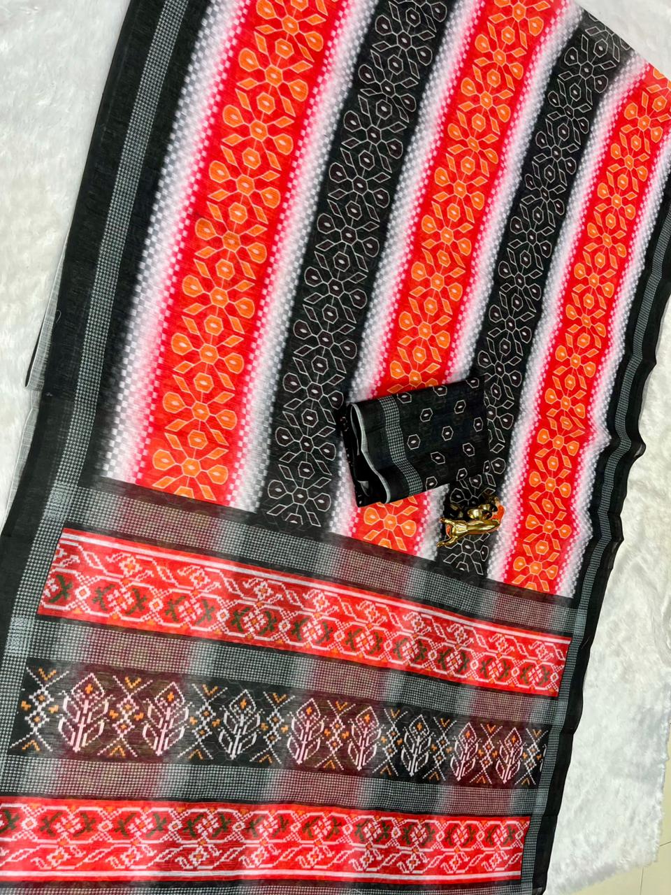 Black Soft Linen Cotton Saree with Double Ikkat Digital Prints