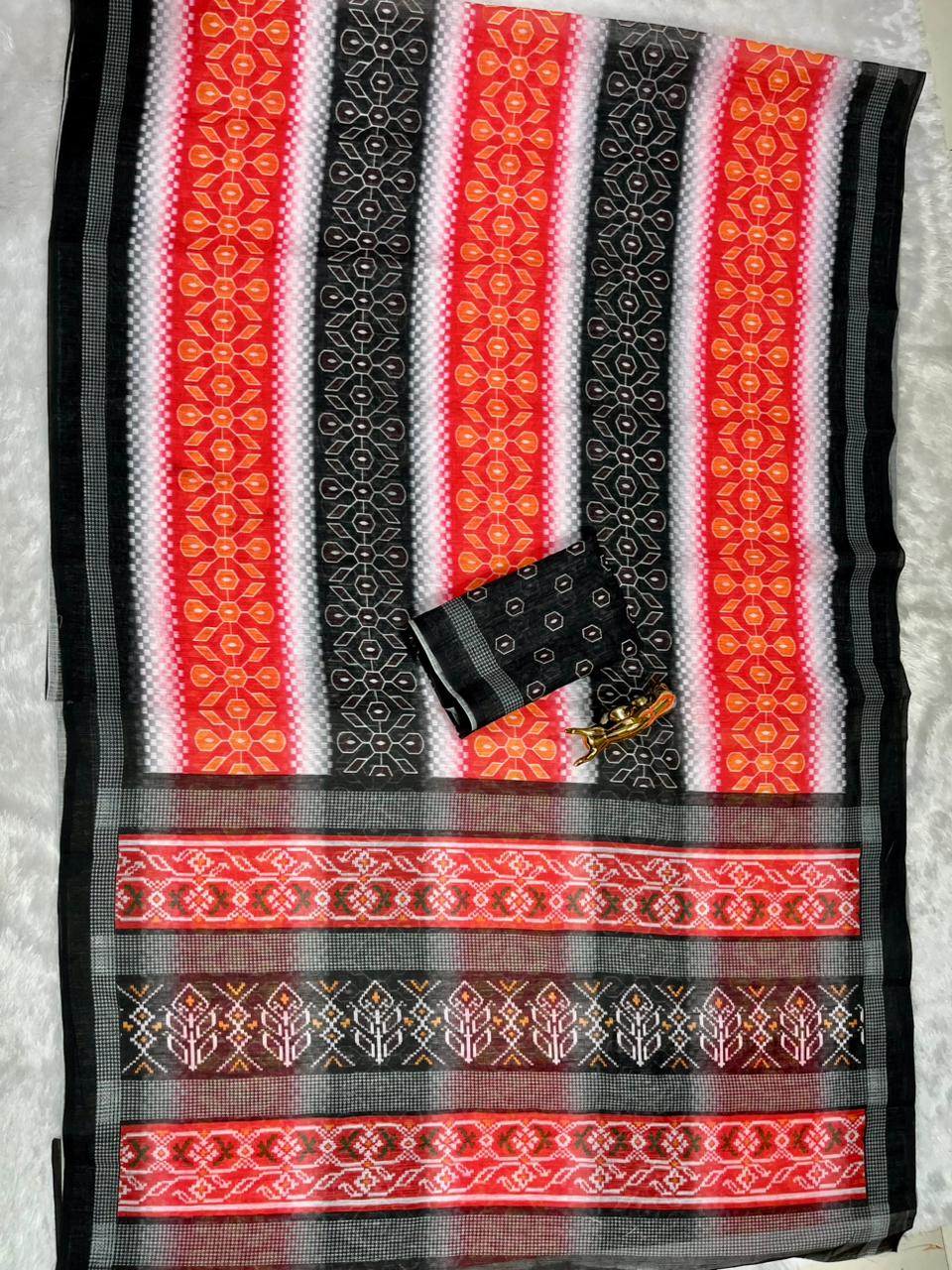 Black Soft Linen Cotton Saree with Double Ikkat Digital Prints