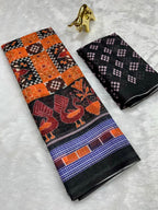 Orange Linen Cotton Double Ikkat Digital Printed Saree