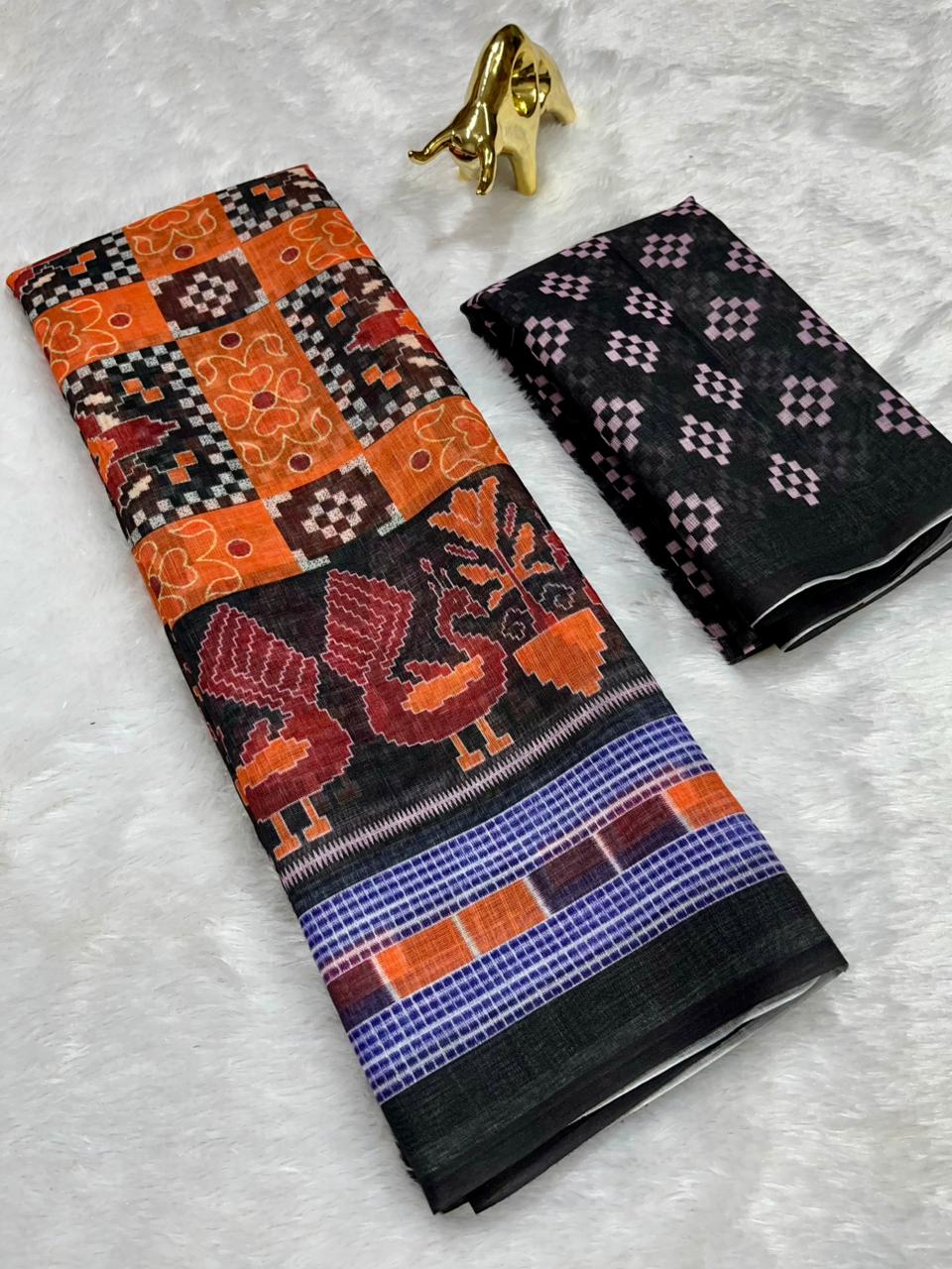 Orange Linen Cotton Double Ikkat Digital Printed Saree