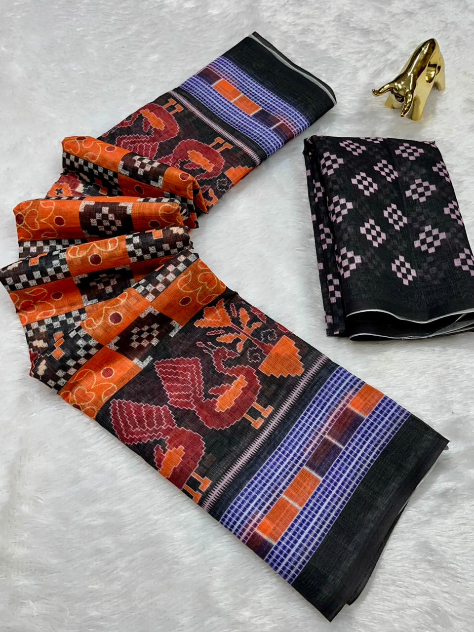 Orange Linen Cotton Double Ikkat Digital Printed Saree