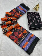 Orange Linen Cotton Double Ikkat Digital Printed Saree