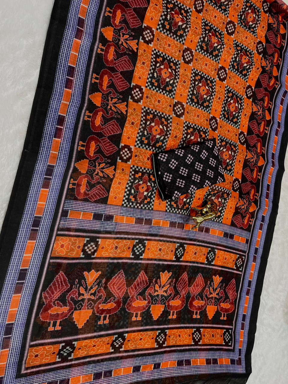 Orange Linen Cotton Double Ikkat Digital Printed Saree