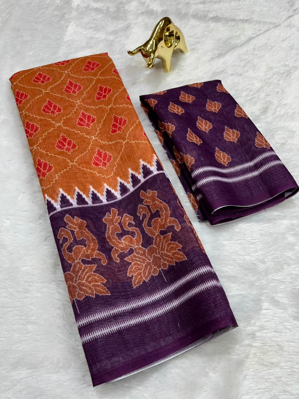 Rust Soft Linen Cotton Saree with Double Ikkat Digital Prints