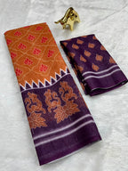 Rust Soft Linen Cotton Saree with Double Ikkat Digital Prints