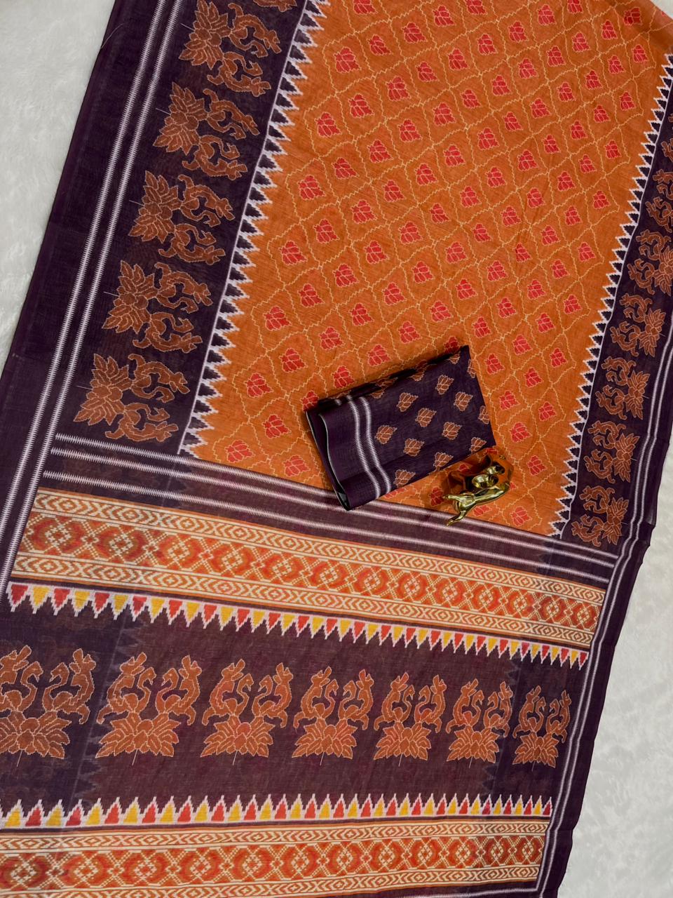 Rust Soft Linen Cotton Saree with Double Ikkat Digital Prints