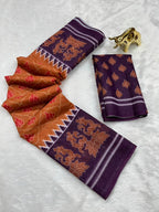 Rust Soft Linen Cotton Saree with Double Ikkat Digital Prints