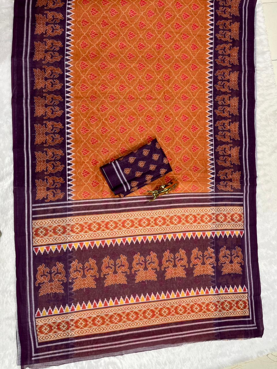 Rust Soft Linen Cotton Saree with Double Ikkat Digital Prints