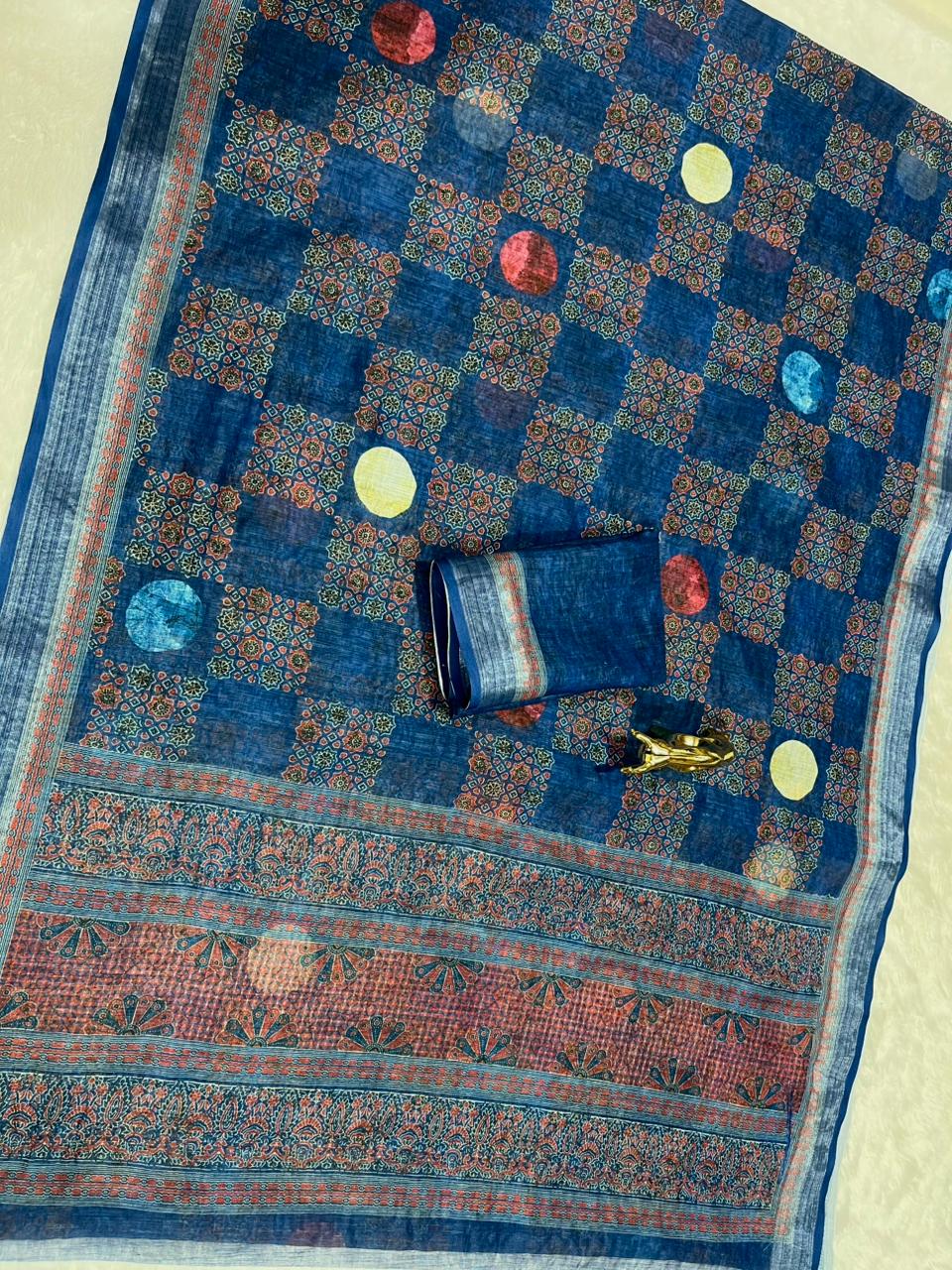 Soft Linen Cotton Saree with Ajrakh Digital Prints