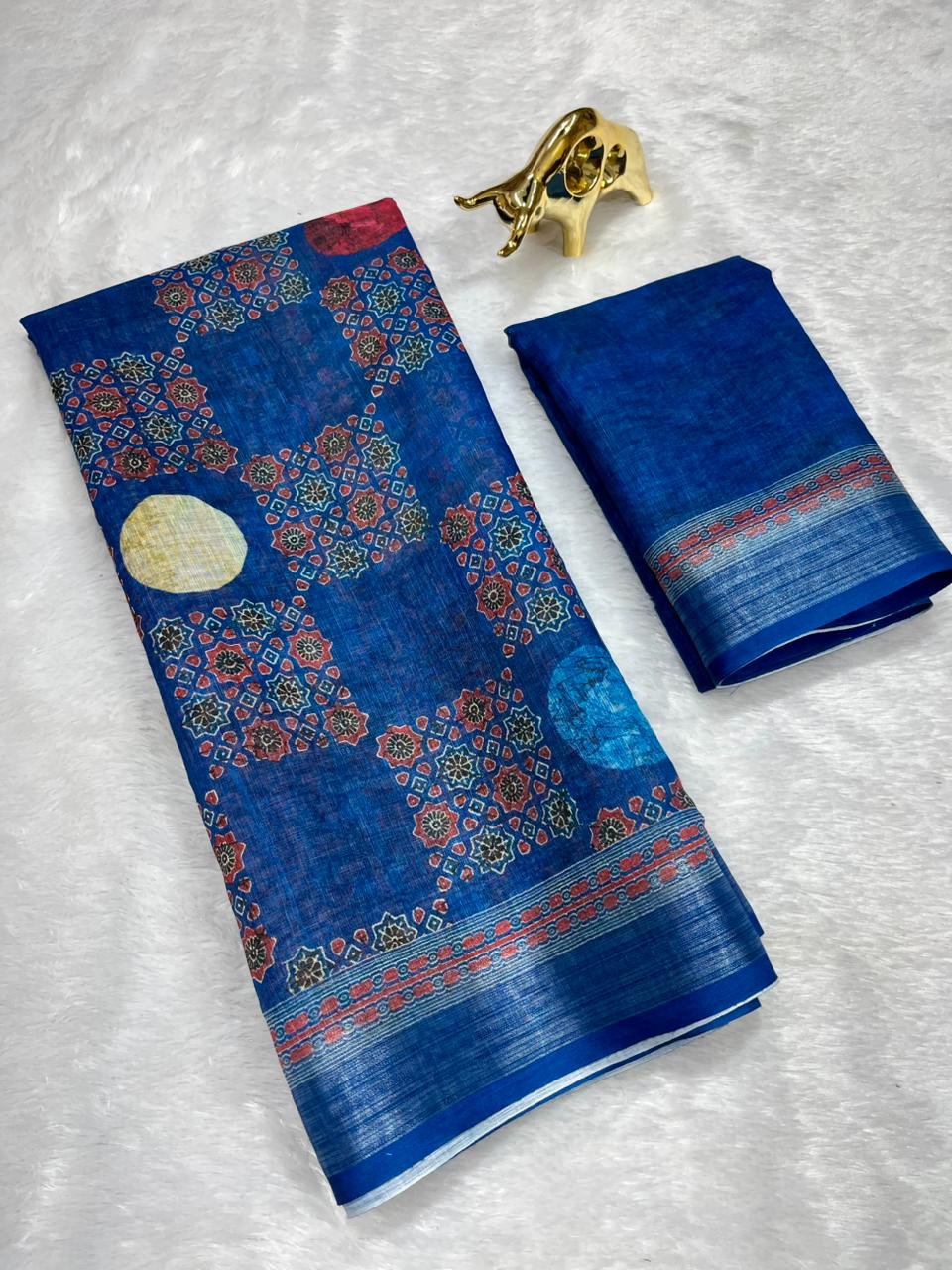 Soft Linen Cotton Saree with Ajrakh Digital Prints