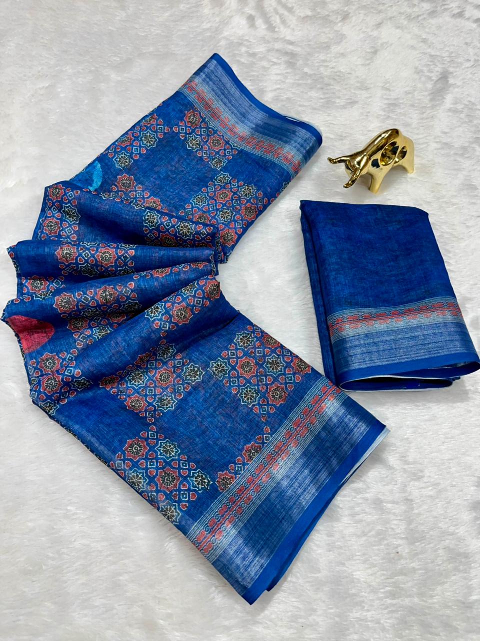 Soft Linen Cotton Saree with Ajrakh Digital Prints