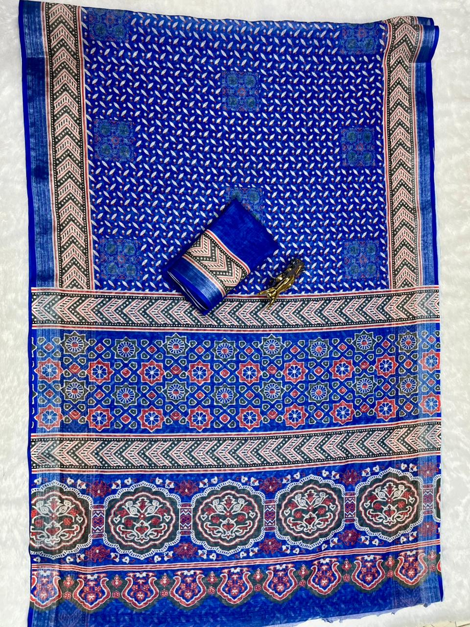 Soft Linen Cotton Saree with Ajrakh Digital Prints & Silver Zari Border