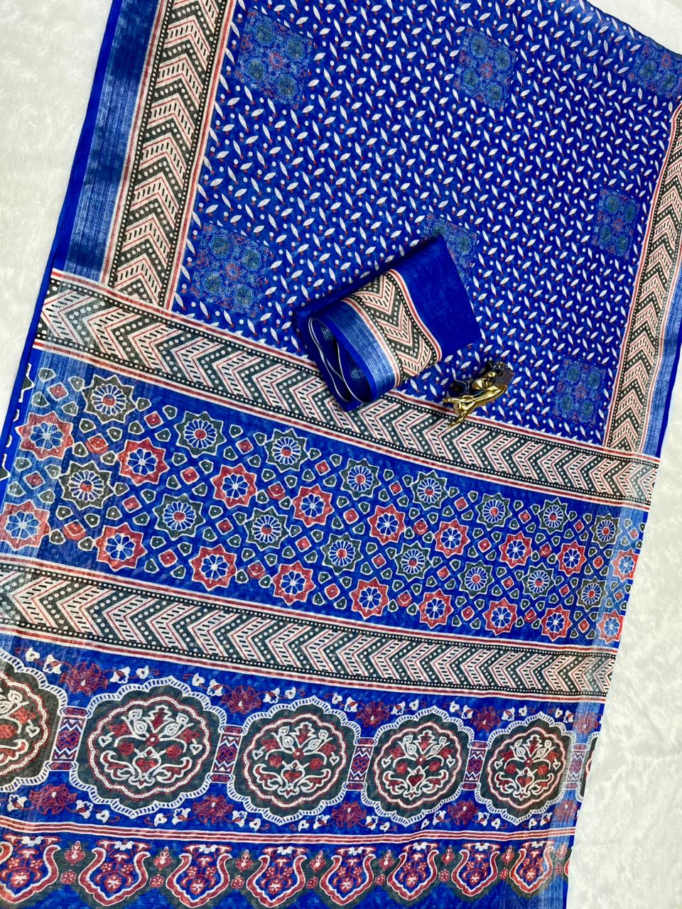 Soft Linen Cotton Saree with Ajrakh Digital Prints & Silver Zari Border