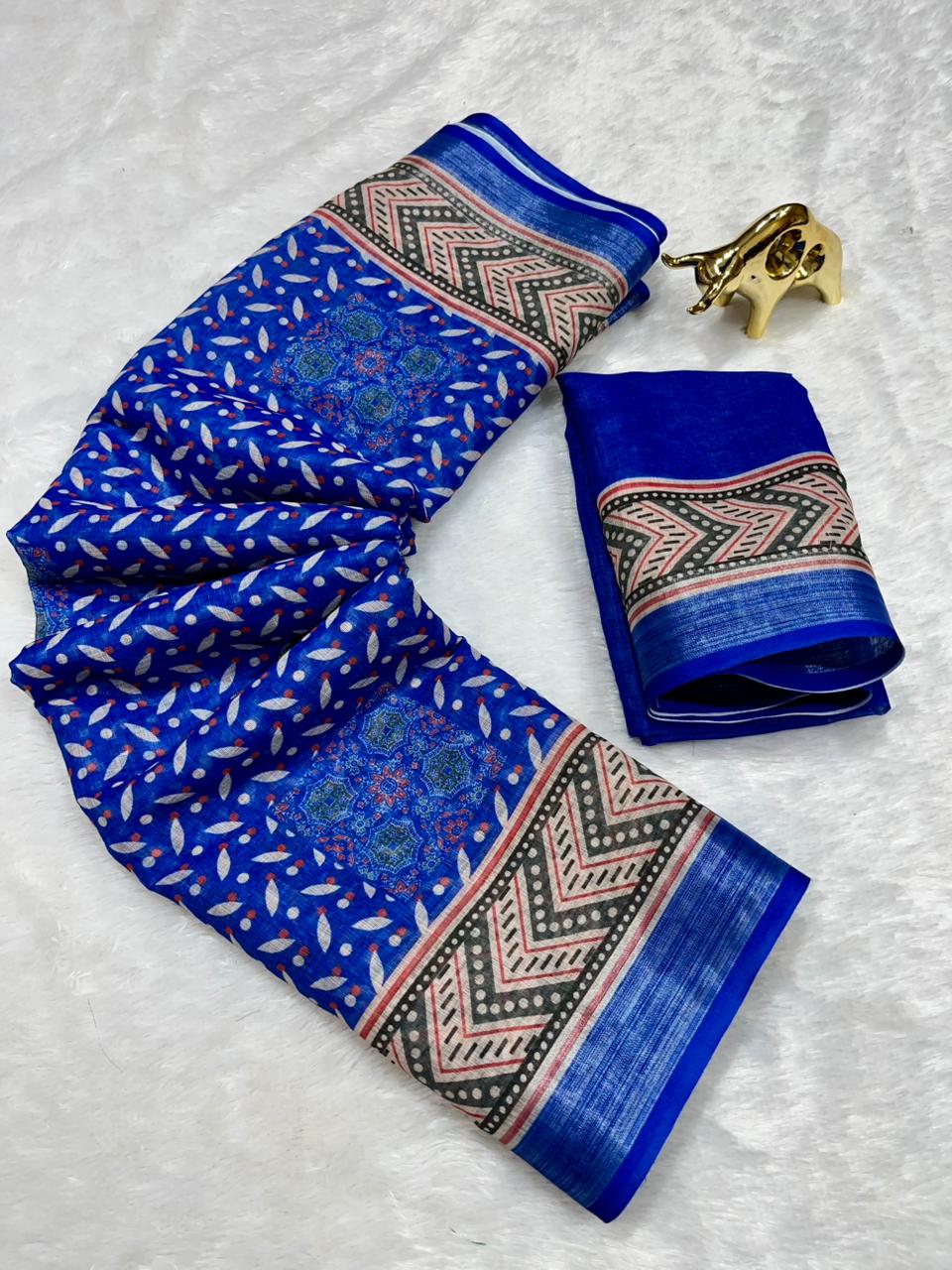 Soft Linen Cotton Saree with Ajrakh Digital Prints & Silver Zari Border