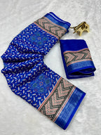 Soft Linen Cotton Saree with Ajrakh Digital Prints & Silver Zari Border