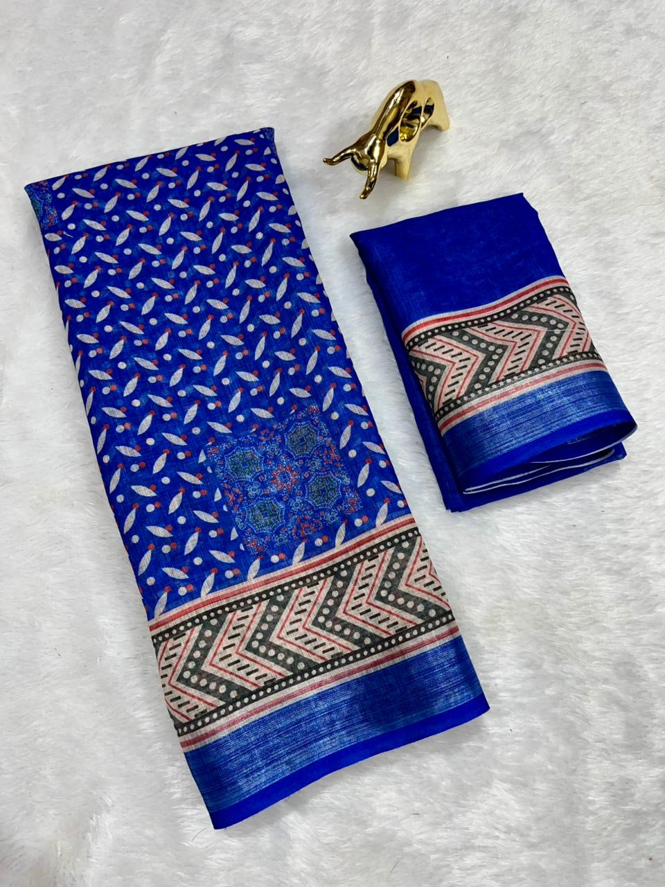 Soft Linen Cotton Saree with Ajrakh Digital Prints & Silver Zari Border