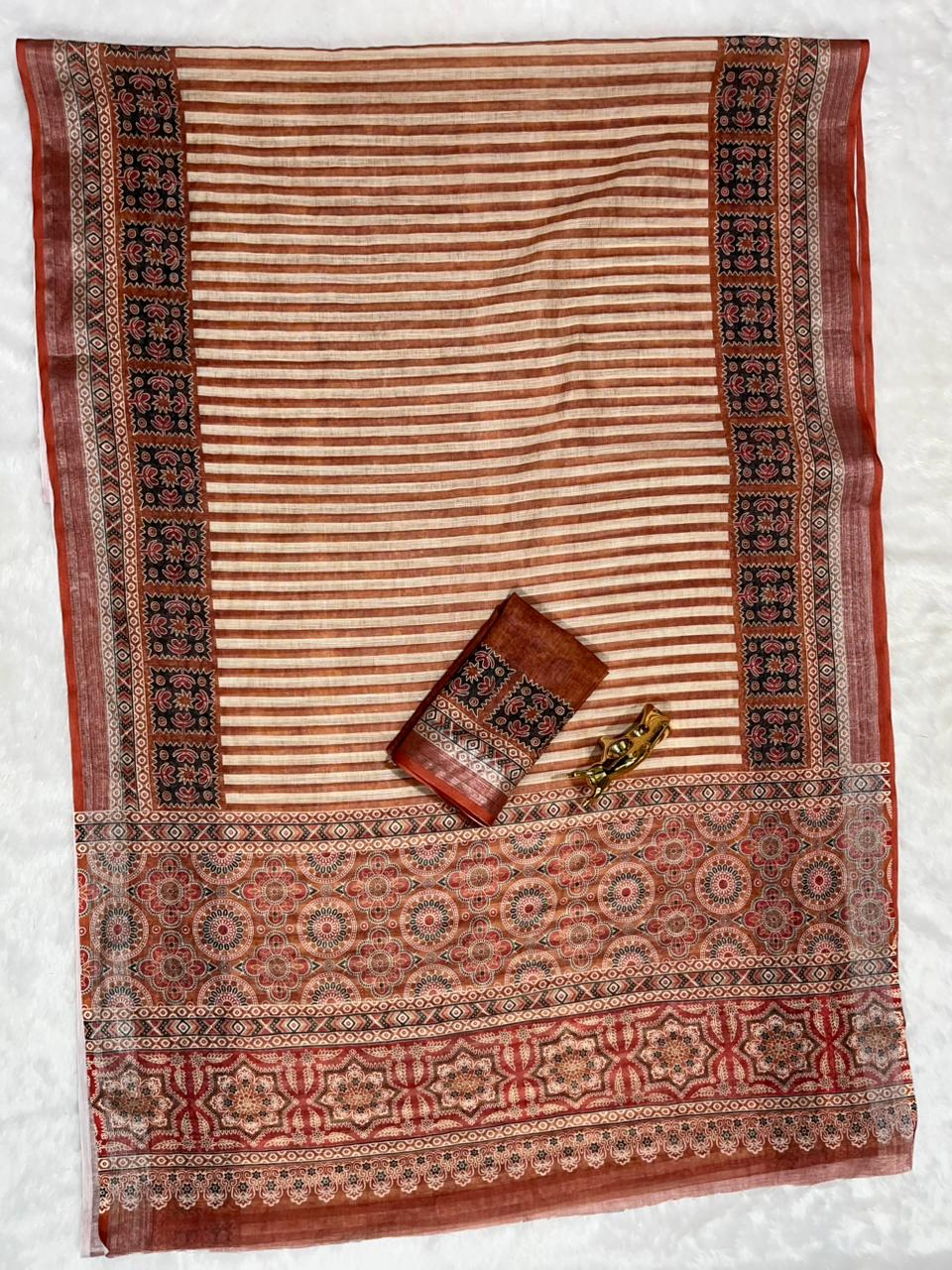 Soft Linen Cotton Saree with Ajrakh Digital Prints & Silver Zari Border