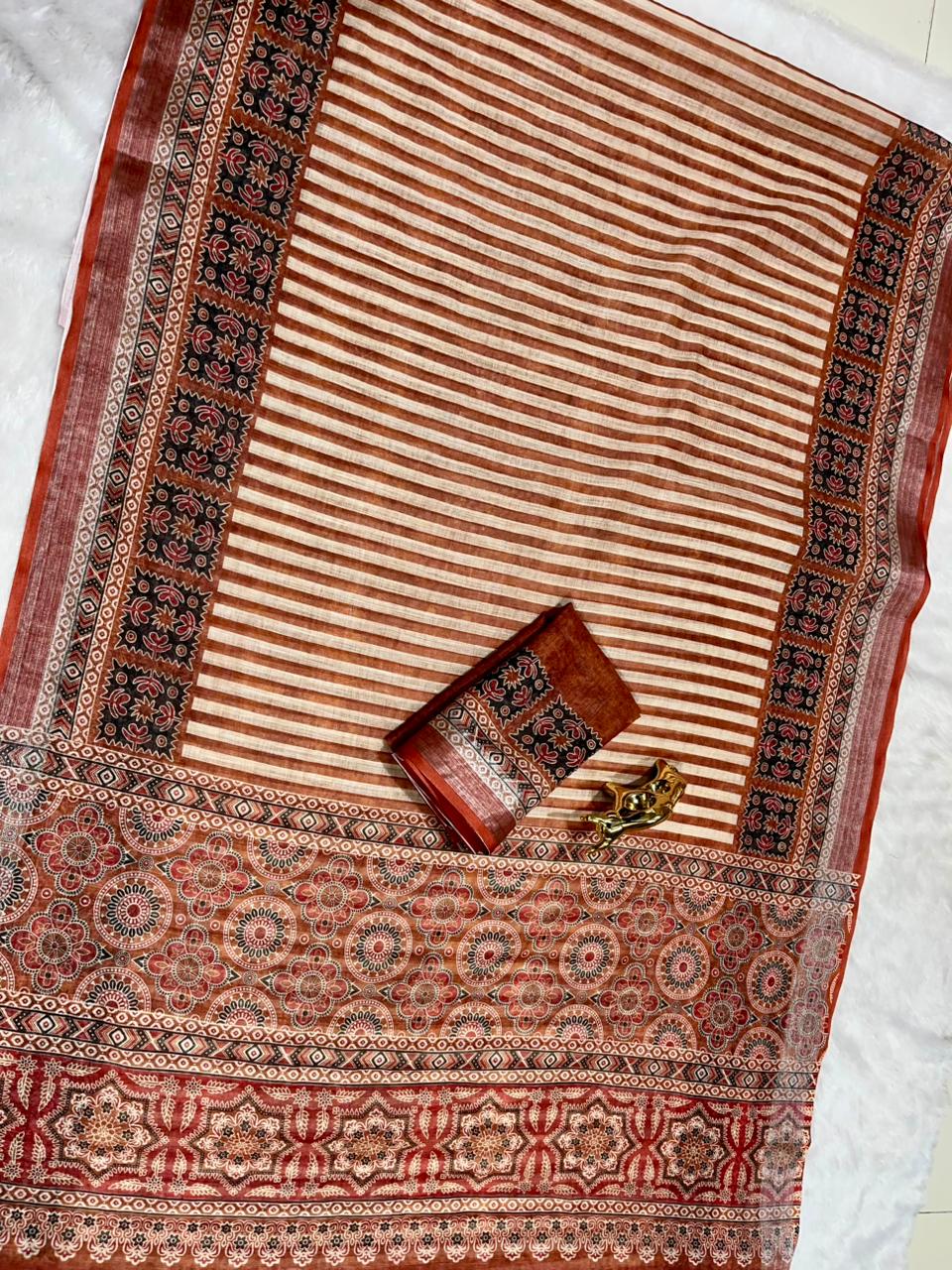 Soft Linen Cotton Saree with Ajrakh Digital Prints & Silver Zari Border