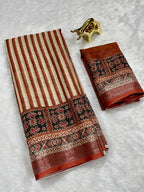 Soft Linen Cotton Saree with Ajrakh Digital Prints & Silver Zari Border