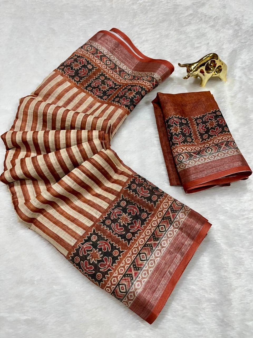 Soft Linen Cotton Saree with Ajrakh Digital Prints & Silver Zari Border