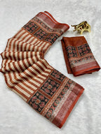 Soft Linen Cotton Saree with Ajrakh Digital Prints & Silver Zari Border
