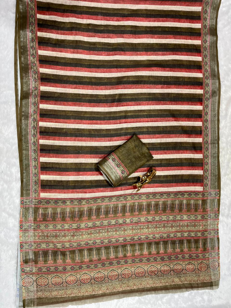 Soft Linen Cotton Saree with Ajrakh Digital Prints & Silver Zari Border