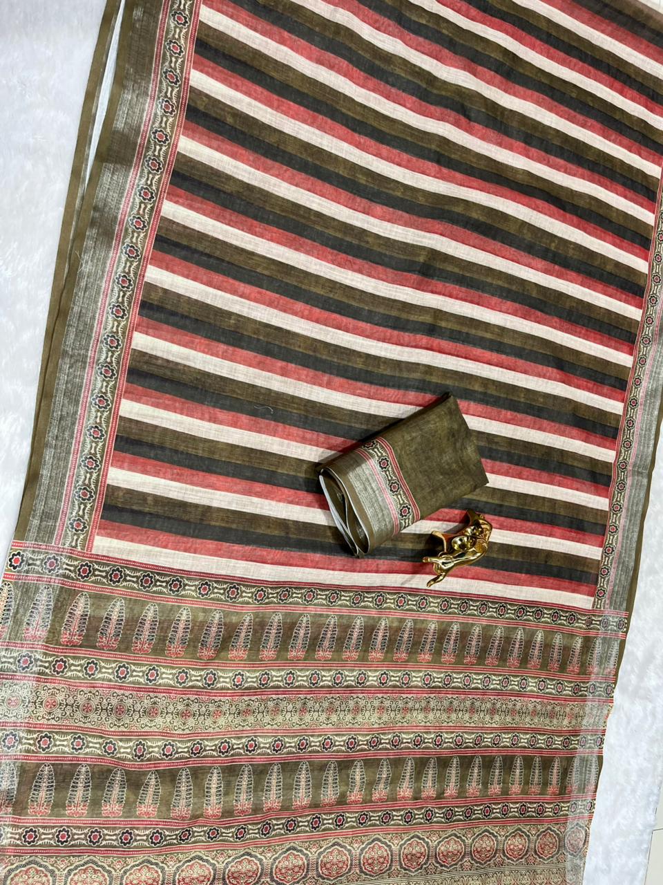 Soft Linen Cotton Saree with Ajrakh Digital Prints & Silver Zari Border