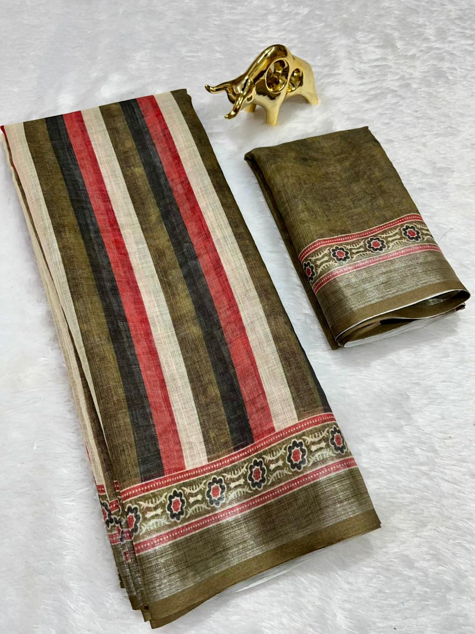 Soft Linen Cotton Saree with Ajrakh Digital Prints & Silver Zari Border