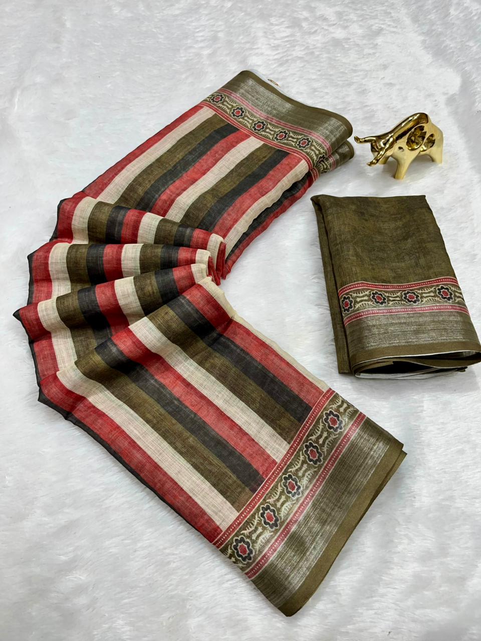 Soft Linen Cotton Saree with Ajrakh Digital Prints & Silver Zari Border