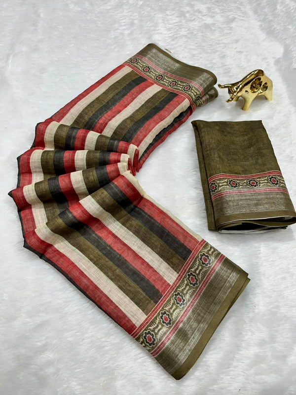 Soft Linen Cotton Saree with Ajrakh Digital Prints & Silver Zari Border