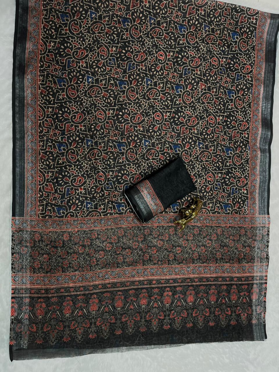 Soft Linen Cotton Saree with Ajrakh Digital Prints & Silver Zari Border