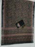 Soft Linen Cotton Saree with Ajrakh Digital Prints & Silver Zari Border