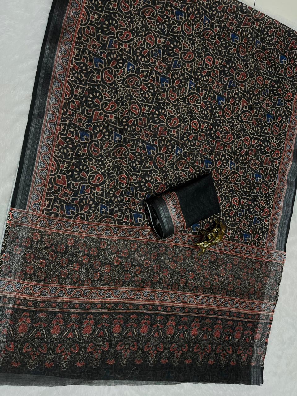 Soft Linen Cotton Saree with Ajrakh Digital Prints & Silver Zari Border