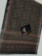 Soft Linen Cotton Saree with Ajrakh Digital Prints & Silver Zari Border