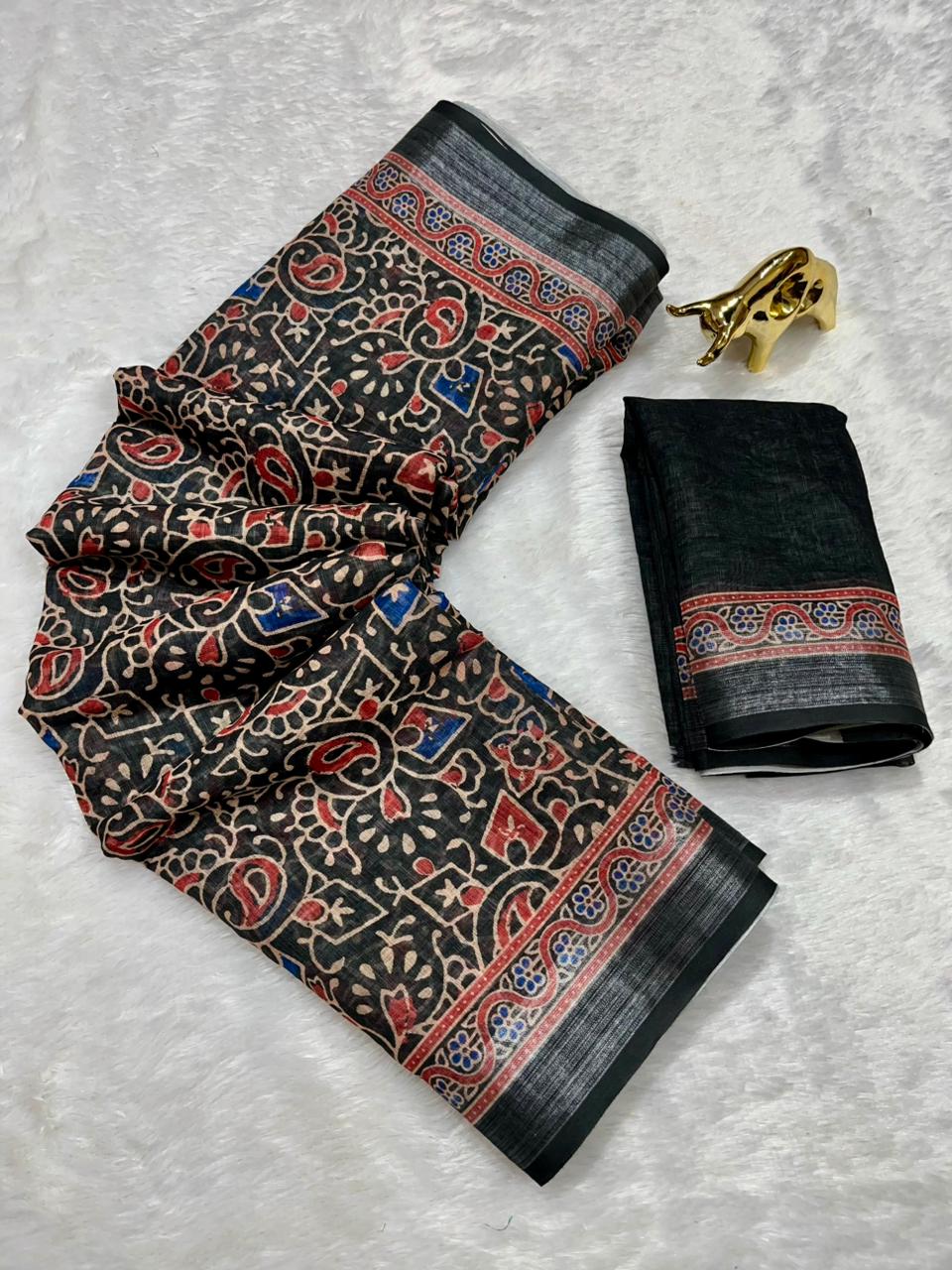 Soft Linen Cotton Saree with Ajrakh Digital Prints & Silver Zari Border