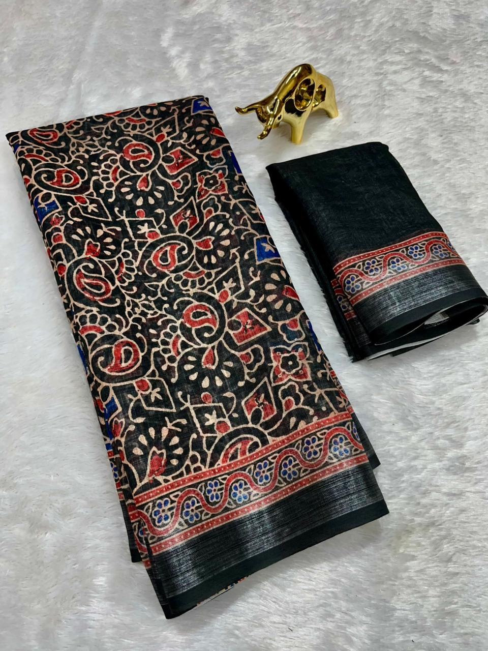 Soft Linen Cotton Saree with Ajrakh Digital Prints & Silver Zari Border