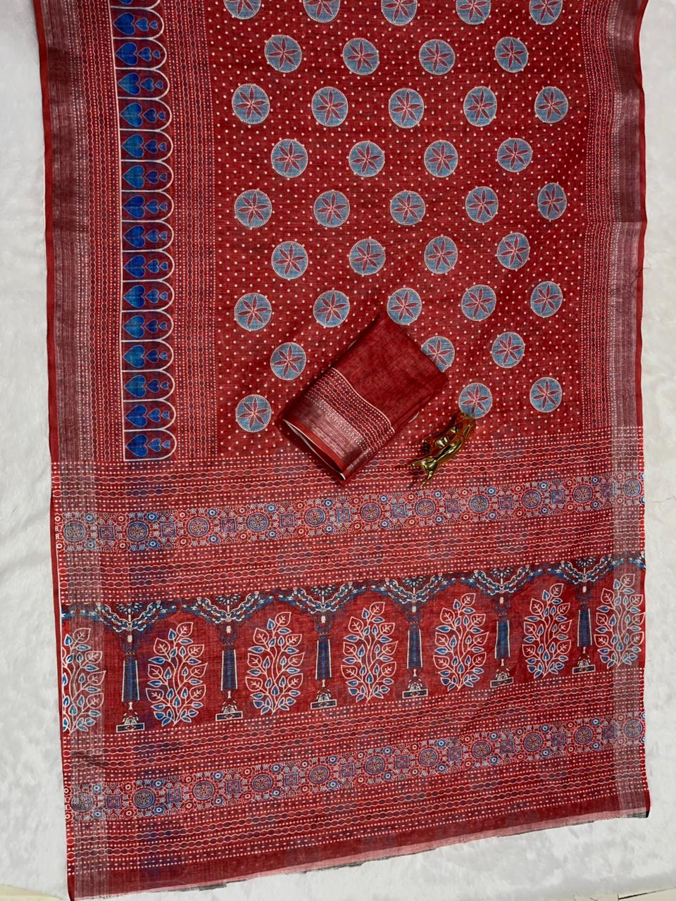 Soft Linen Cotton Saree with Ajrakh Digital Prints