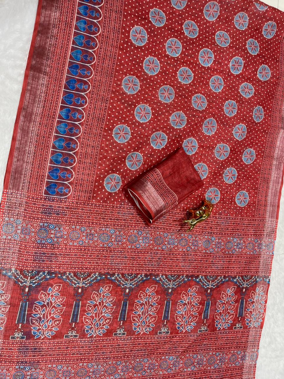 Soft Linen Cotton Saree with Ajrakh Digital Prints